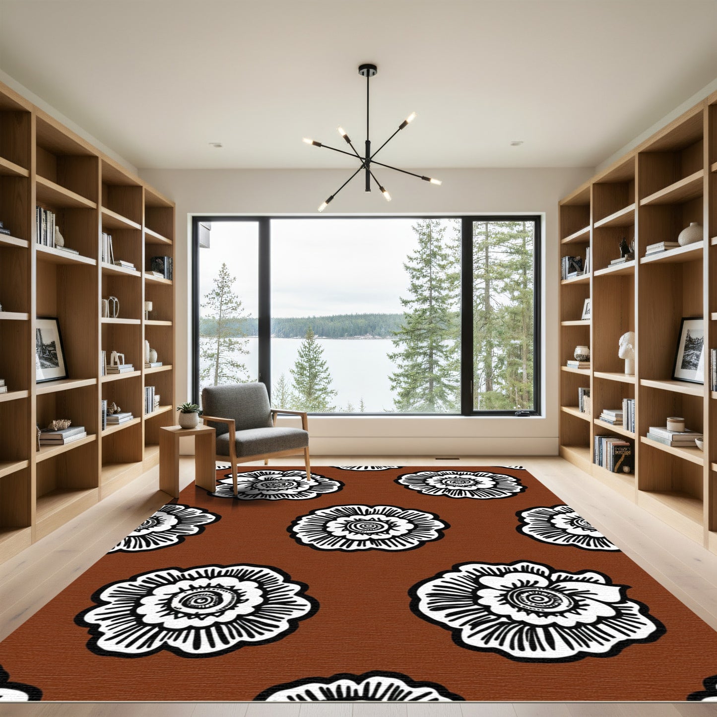 Brown White Floral Medallion Repeating Rug