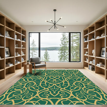Emerald Green Golden Swirl Arabesque Rug