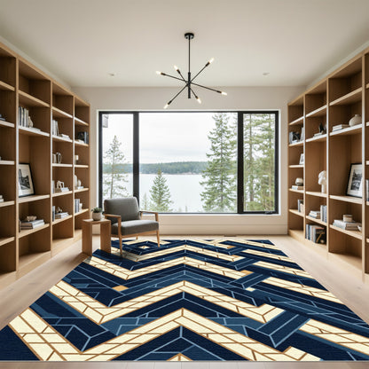 Navy Geometric Chevron Interlocking Abstract Area Rug