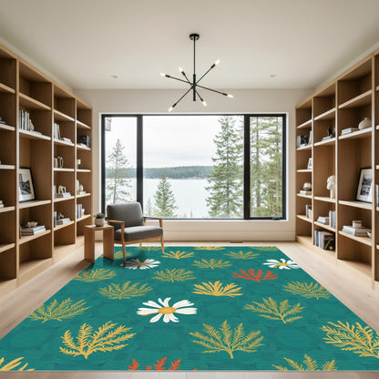 Teal Daisy Fern Garden Rug