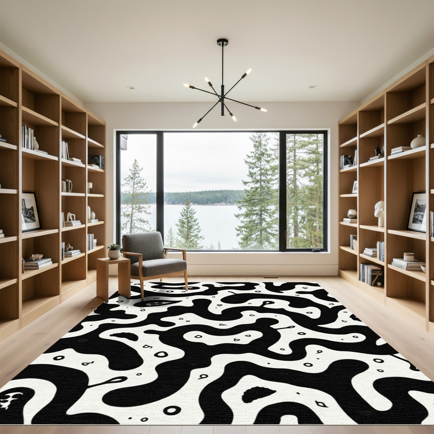 Monochrome Organic Swirls and Dots Rug
