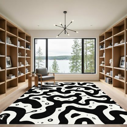 Monochrome Organic Swirls and Dots Rug