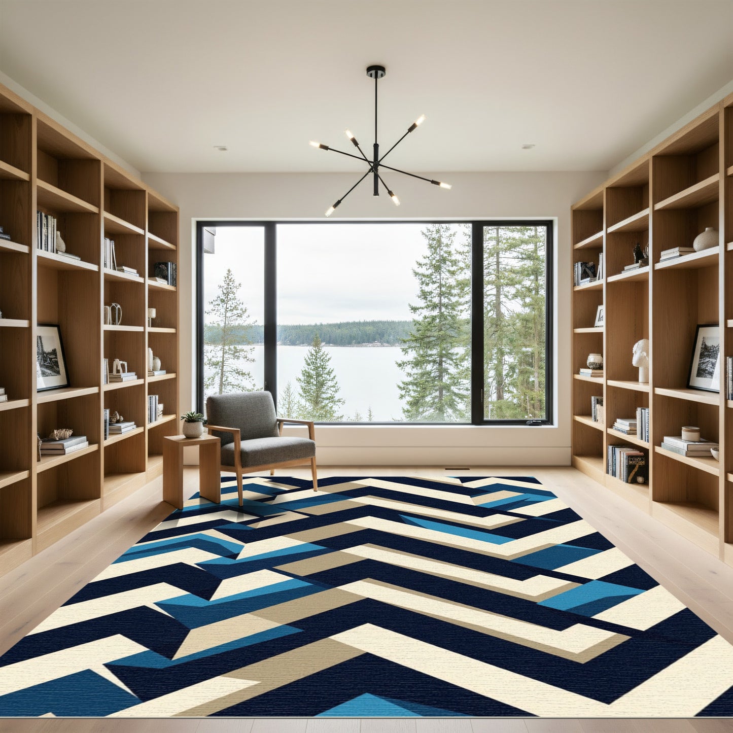Modern Navy Sand Geometric Chevron Rug