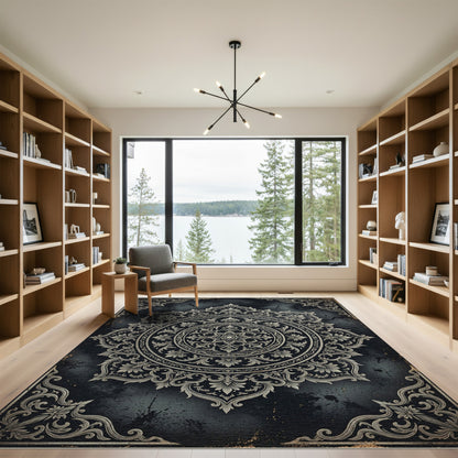 Ornate Damask Charcoal Floral Medallion Rug