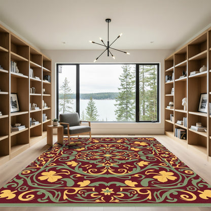 Crimson Emerald Floral Vine Scroll Rug