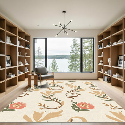 Terracotta Pink Floral Botanical Cream Rug