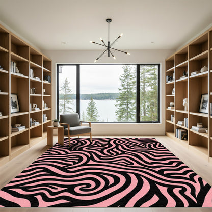 Pink Black Abstract Swirling Lines Rug