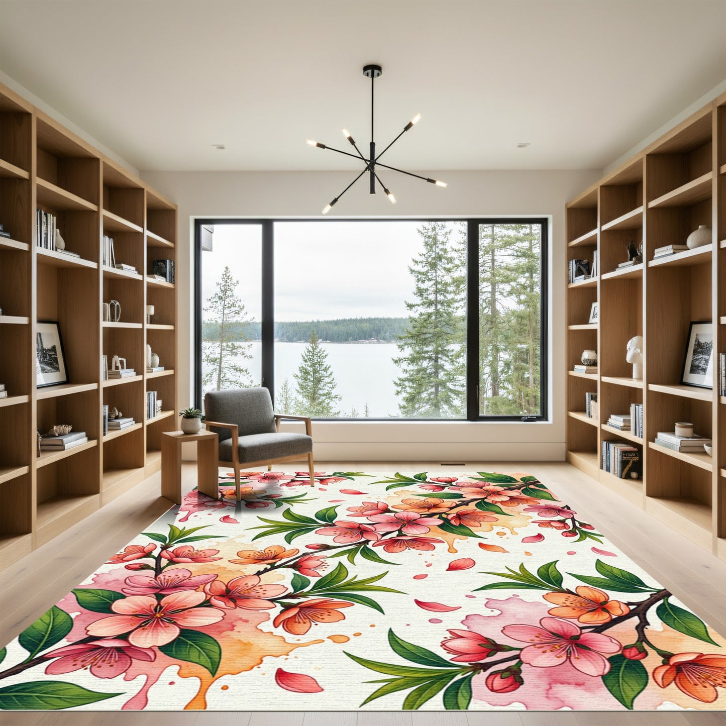 Watercolor Peach Blossom Floral Branch Rug