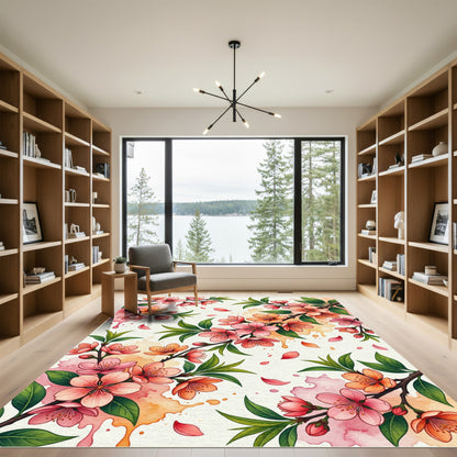 Watercolor Peach Blossom Floral Branch Rug