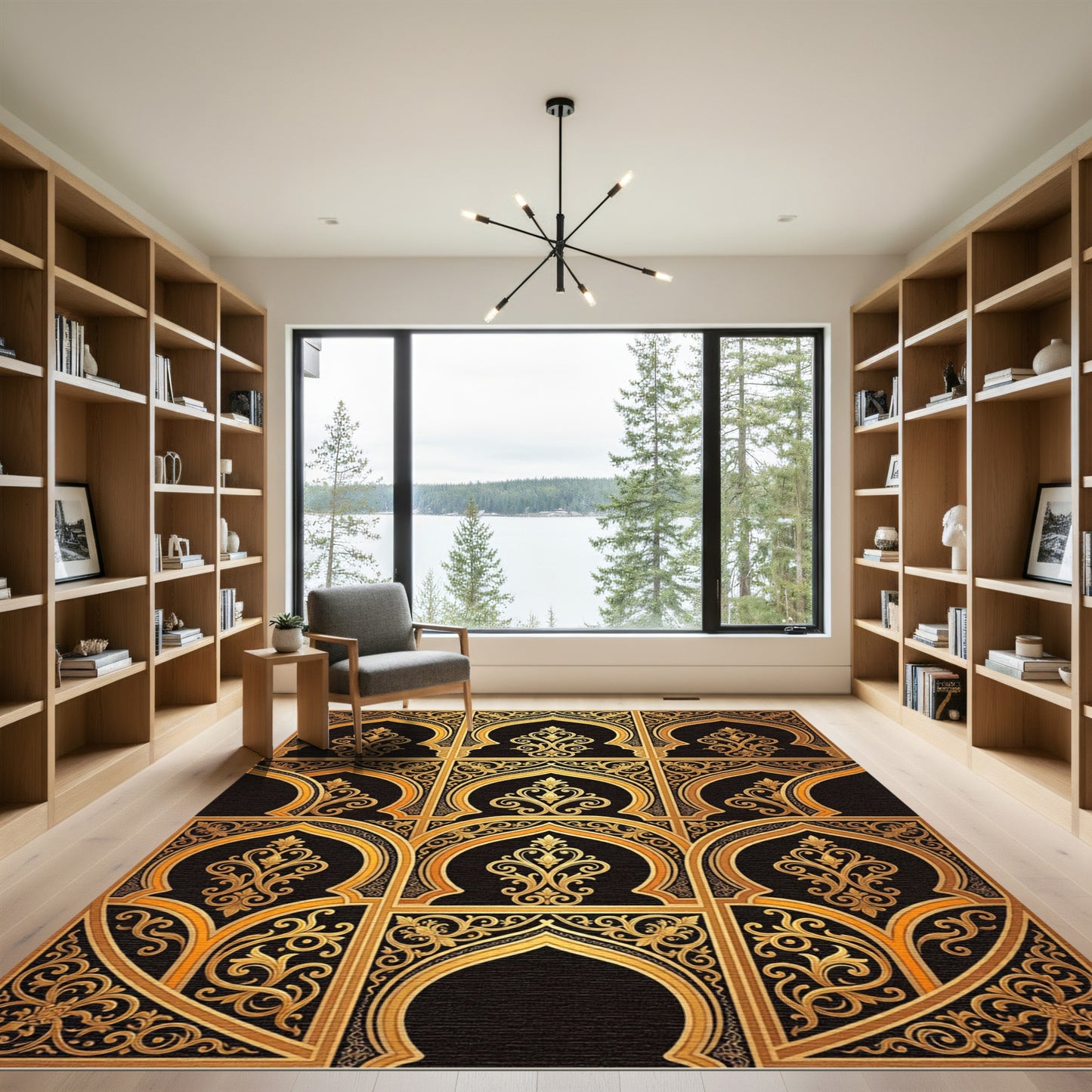Ornate Gold Black Filigree Arch Rug