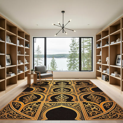 Ornate Gold Black Filigree Arch Rug