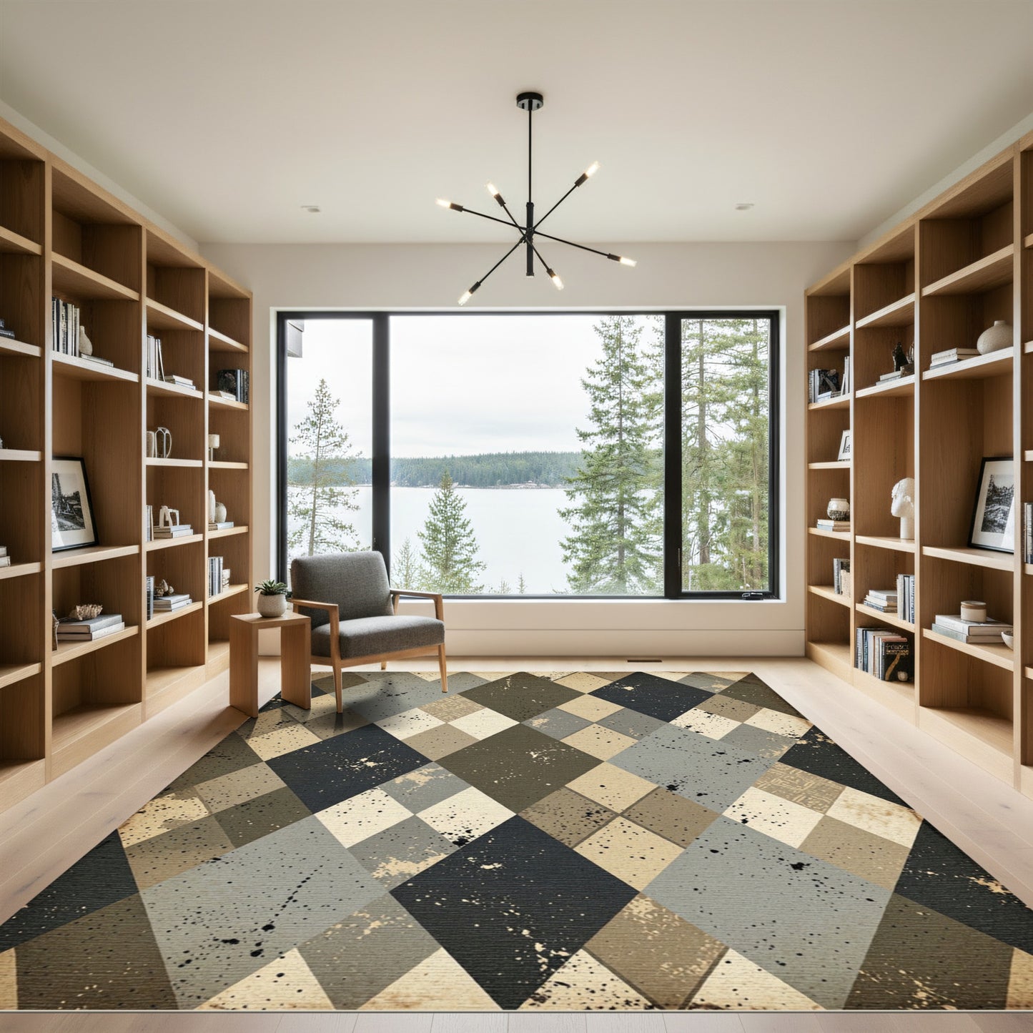 Distressed Greige Argyle Checkered Art Rug