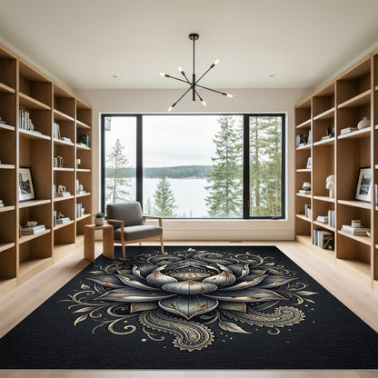 Distressed Metallic Grey Lotus Floral Art Rug