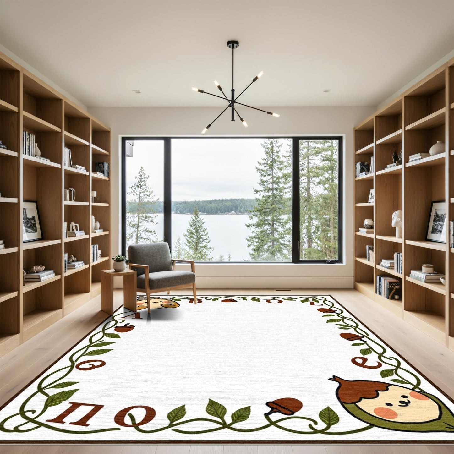 Cute Acorn Character Floral Border Rug