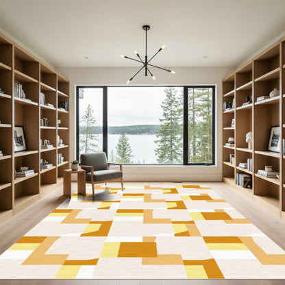 Warm Ochre Abstract Geometric Blocks Rug