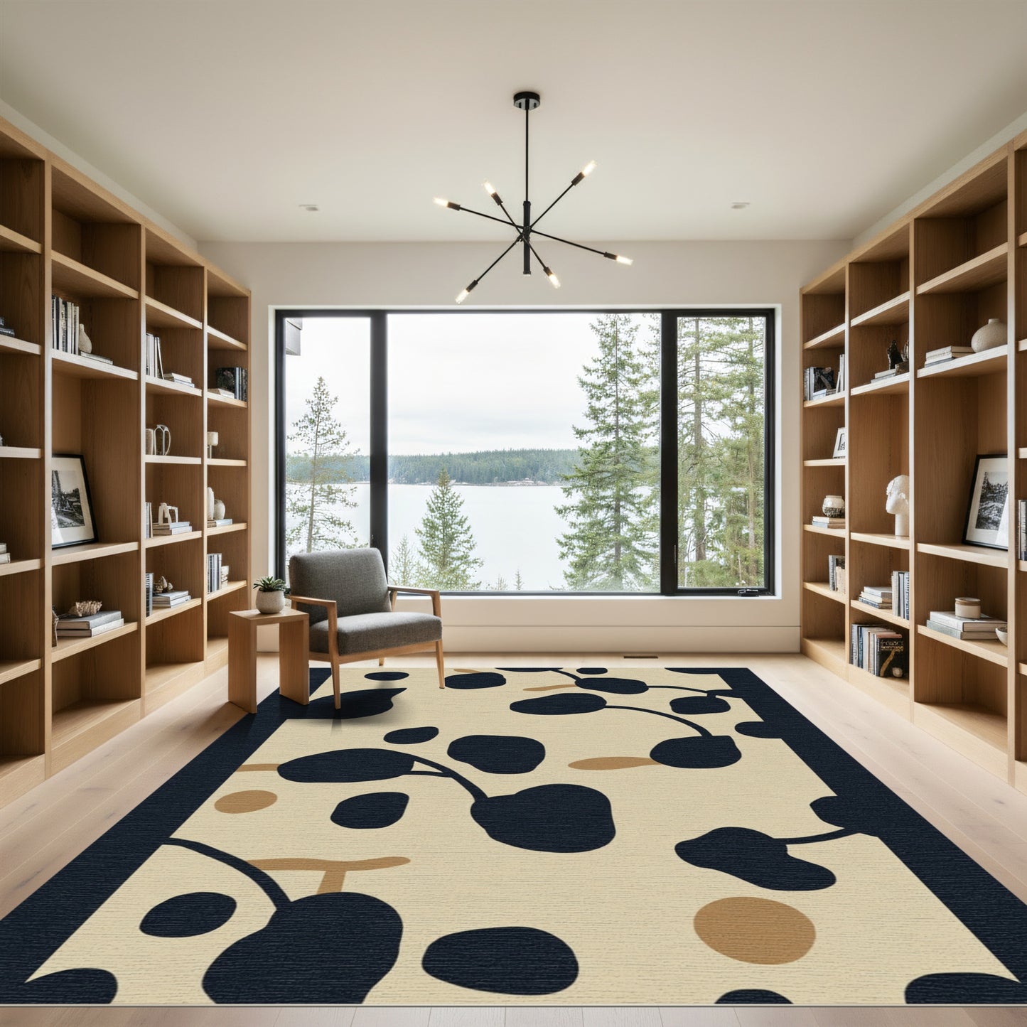 Abstract Black Tan Organic Shapes Rug