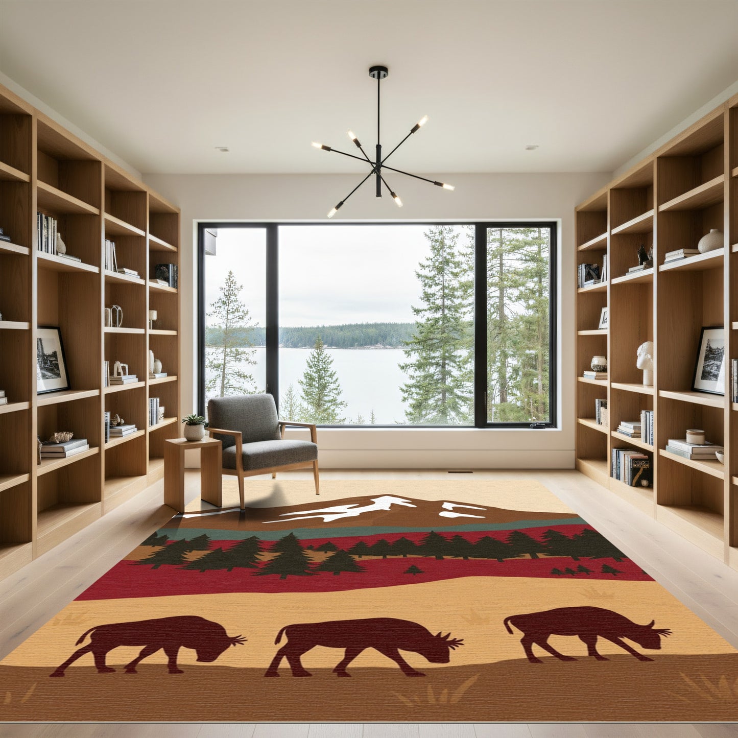 Western Bison Mountain Landscape Rug