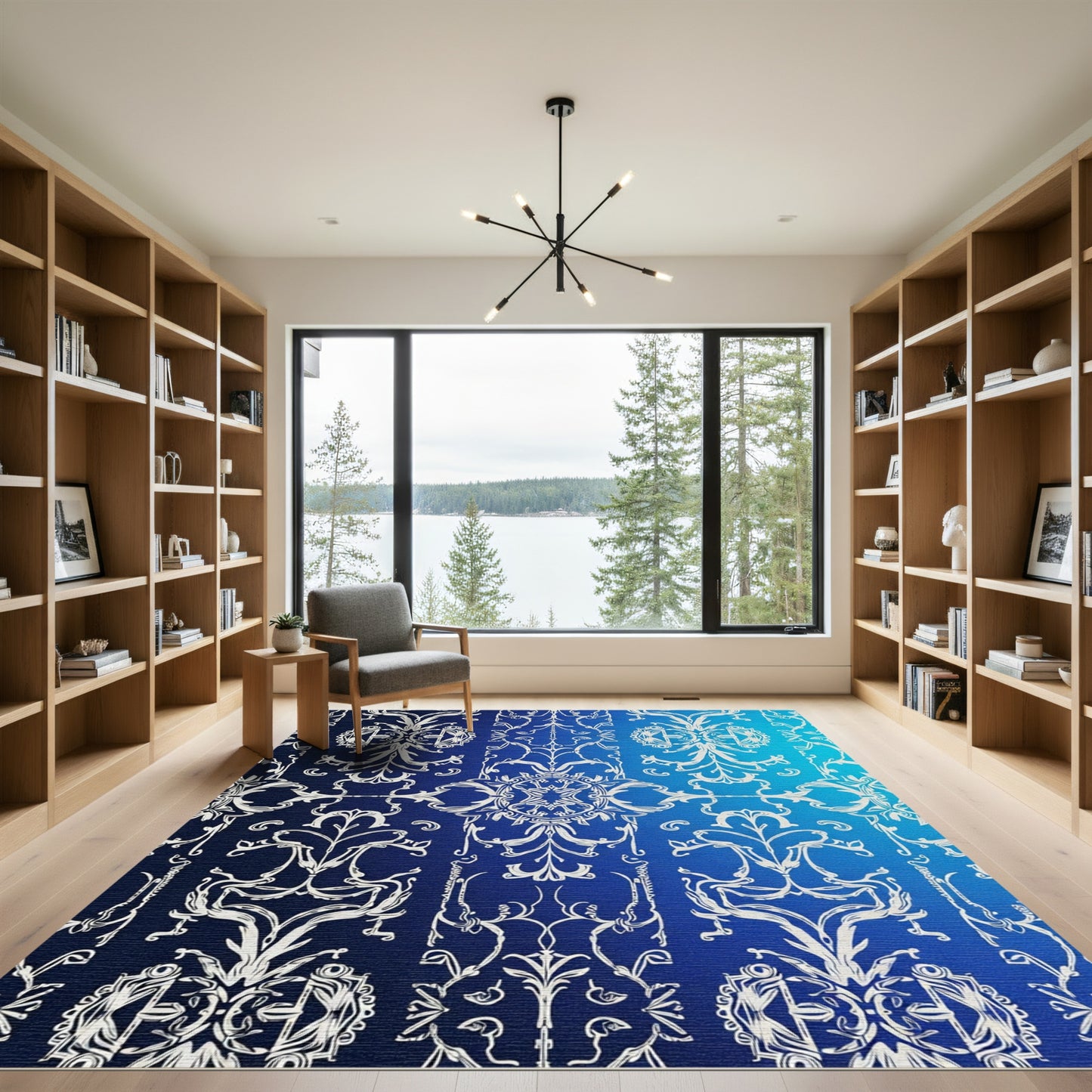 White Baroque Flourish Blue Gradient Rug