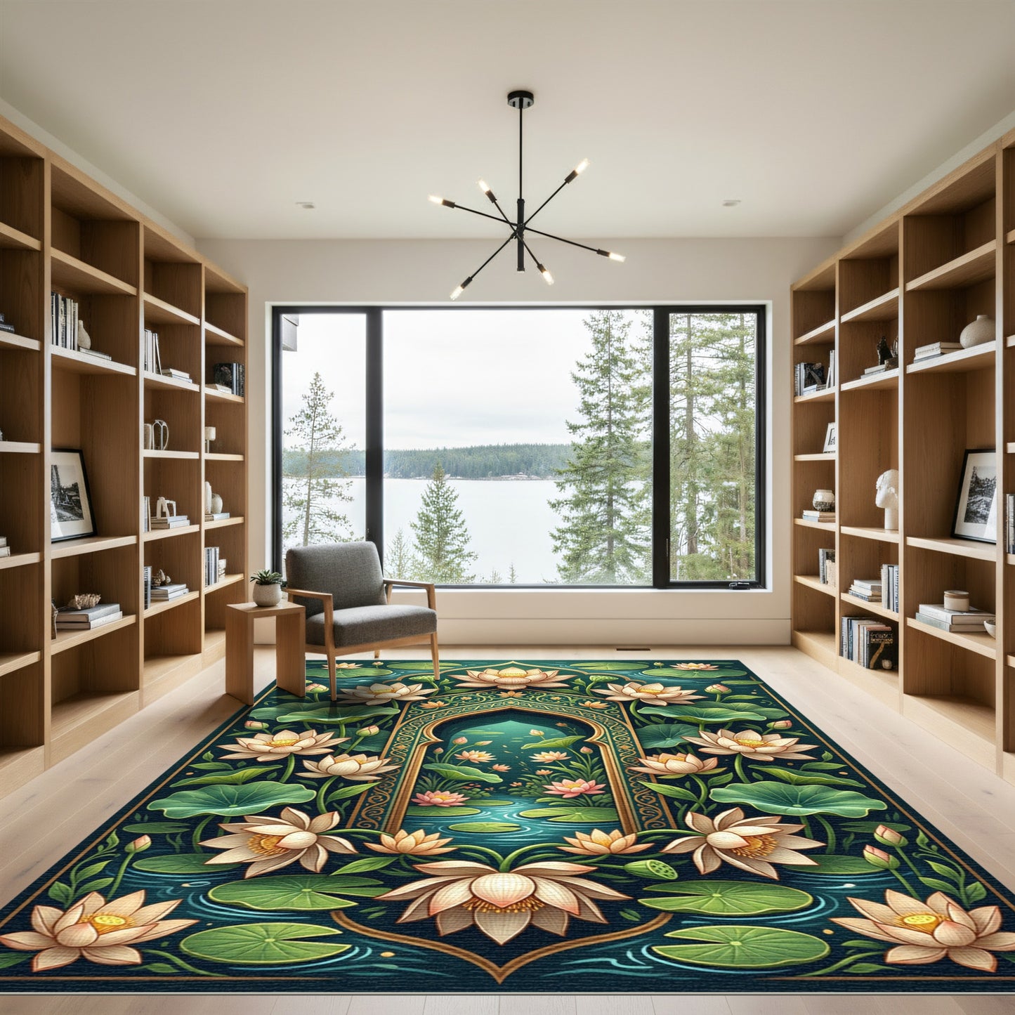 Golden Lotus Arch Teal Botanical Rug