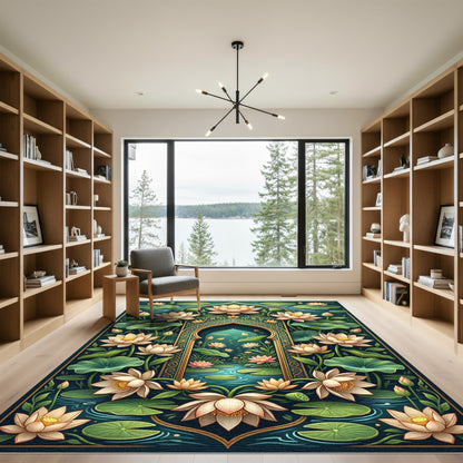 Golden Lotus Arch Teal Botanical Rug