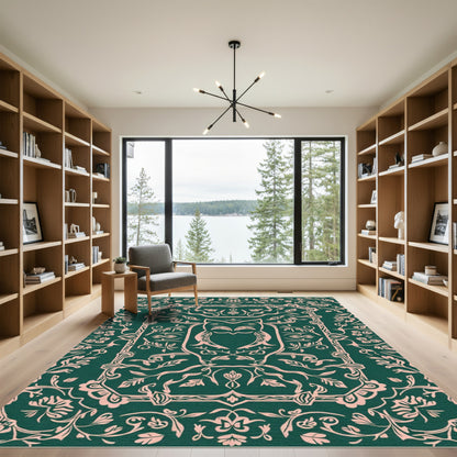 Forest Green Pink Owl Floral Swirls Rug