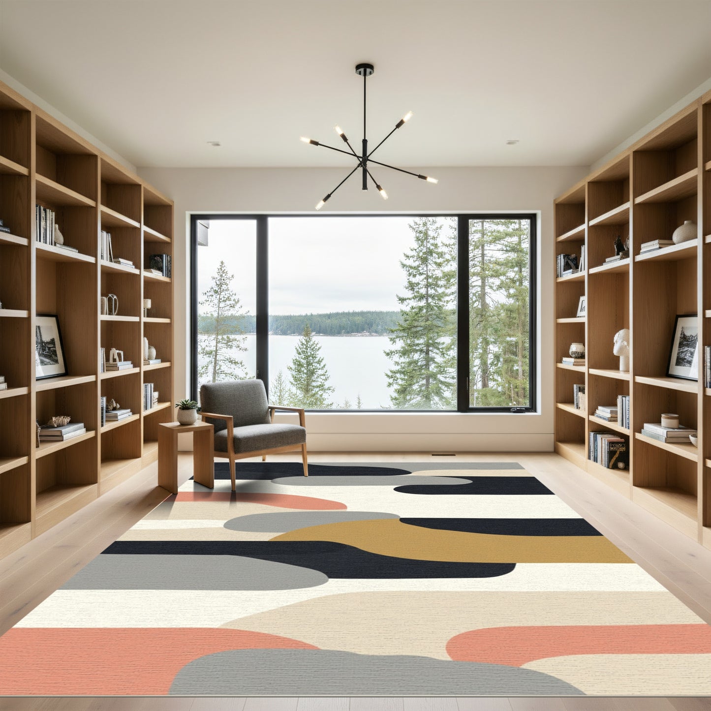 Abstract Ochre Coral Gray Shapes Rug