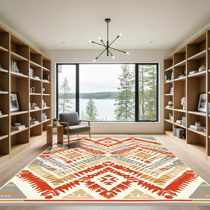 Coral Red Geometric Diamond Tribal Rug