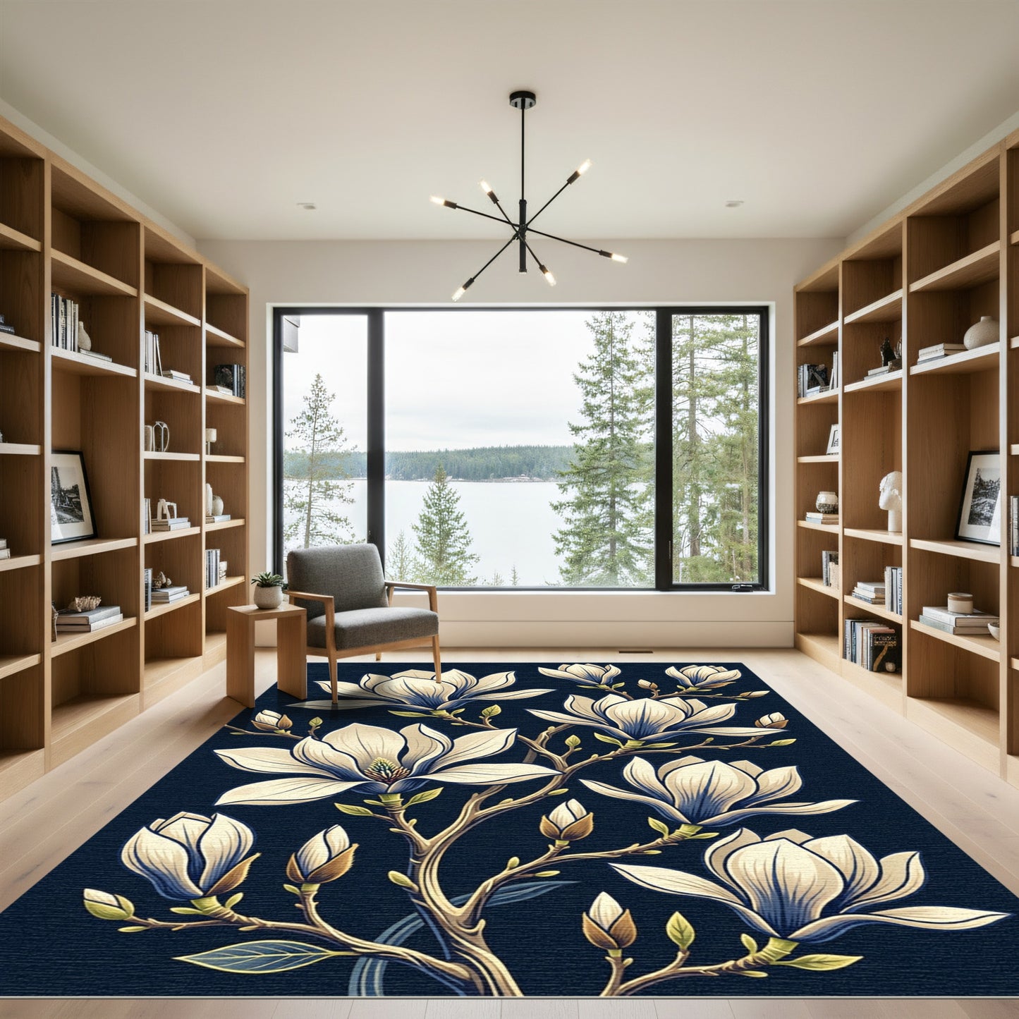 Elegant Cream Magnolia Blossom Navy Background Rug