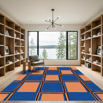 Bold Blue Coral Checkered Squares Rug