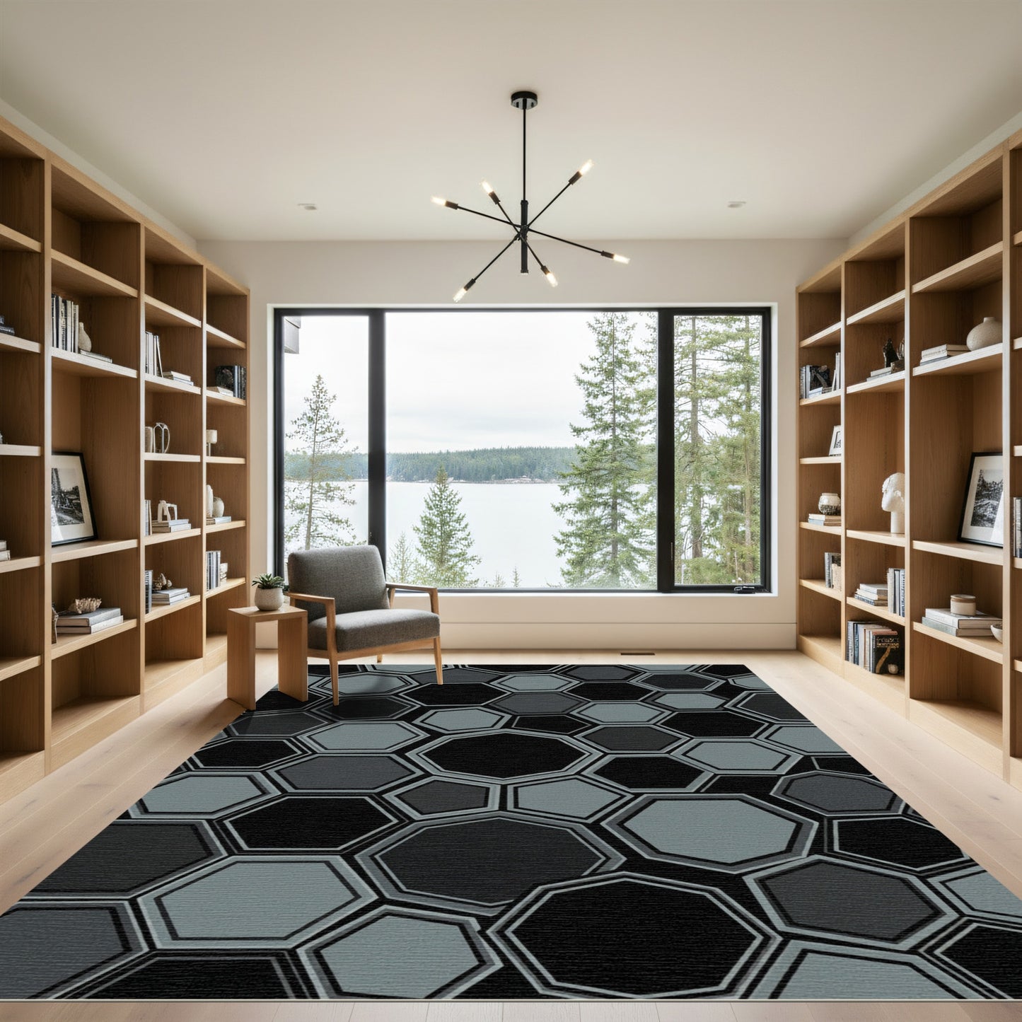 Graphic Geometric Monochrome Hexagon Composition Rug