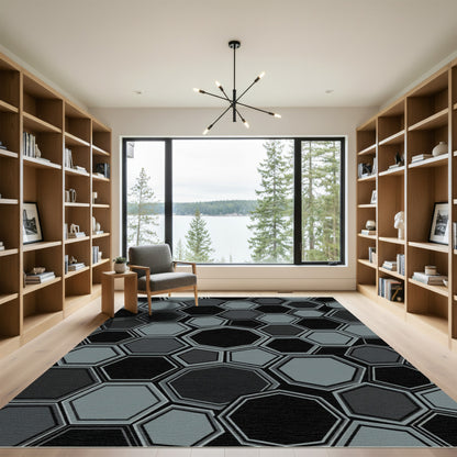 Graphic Geometric Monochrome Hexagon Composition Rug