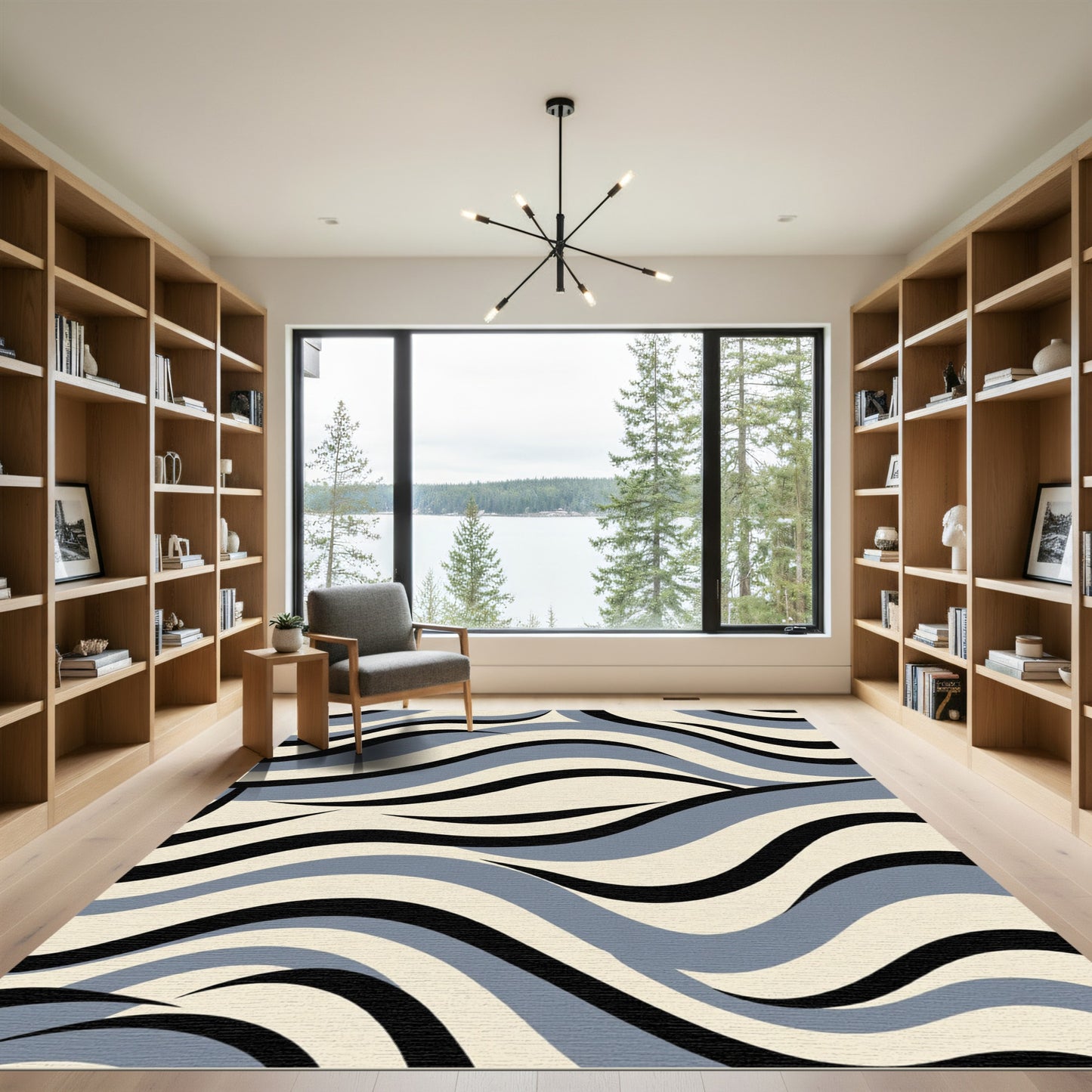 Grey Beige Black Abstract Wavy Rug