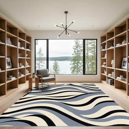 Grey Beige Black Abstract Wavy Rug