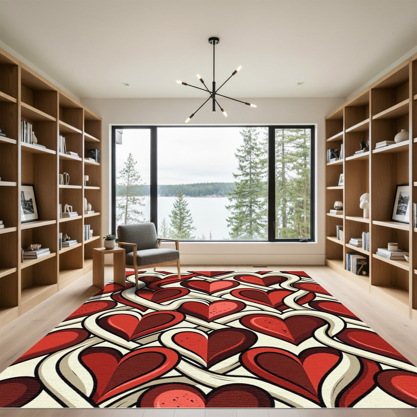 Modern Intertwined Crimson Heart Grid Rug