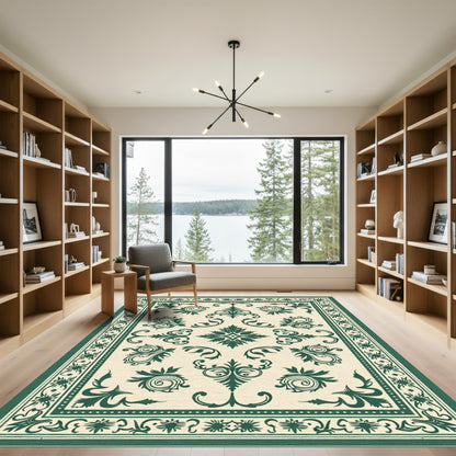 Dark Green Floral Medallion Cream Rug