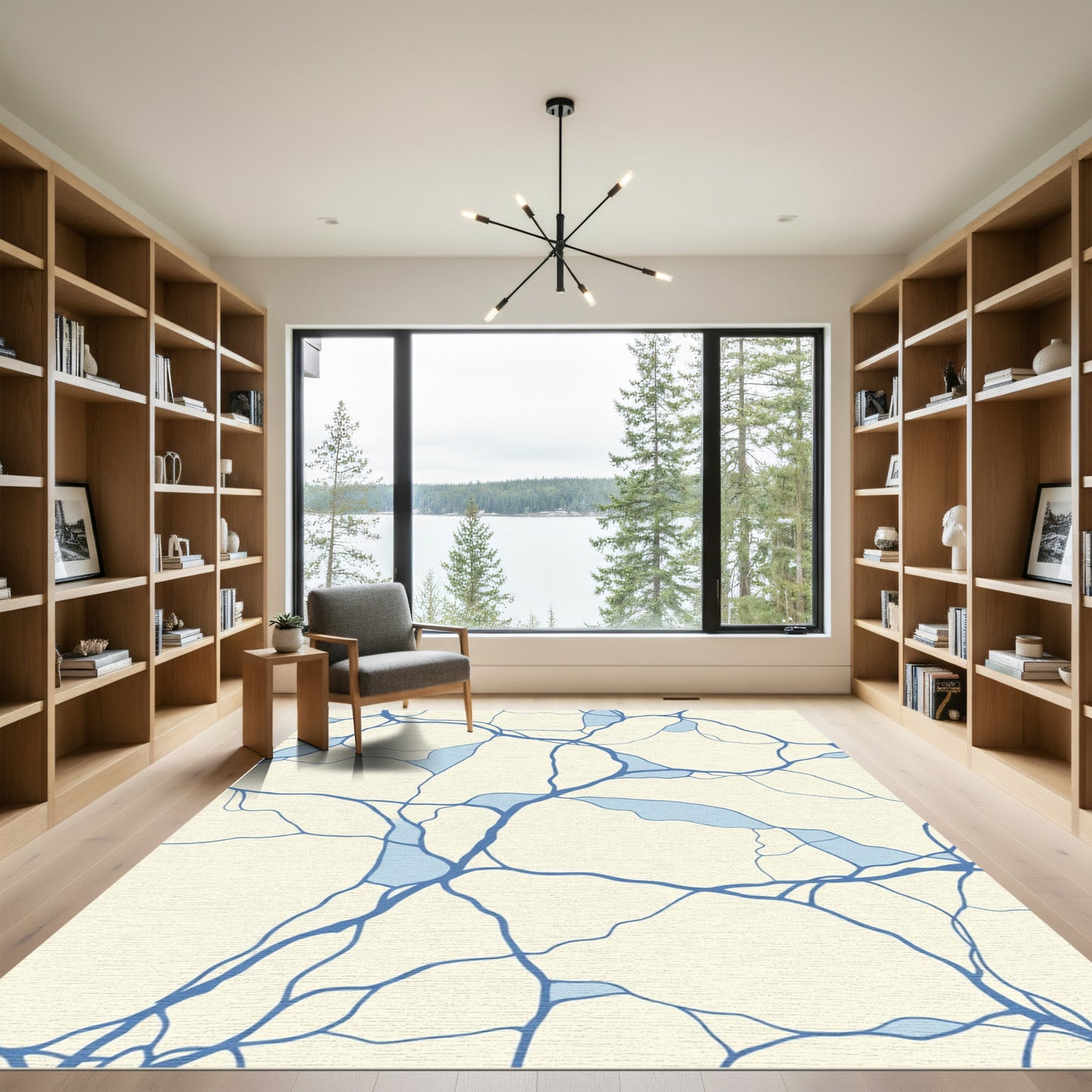 Cream Blue Abstract Organic Lines Rug