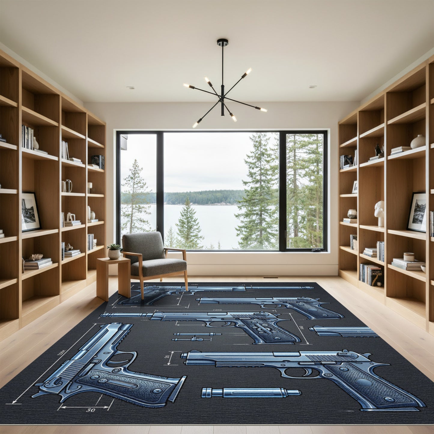 Technical Blueprint Metallic Firearm Art Rug