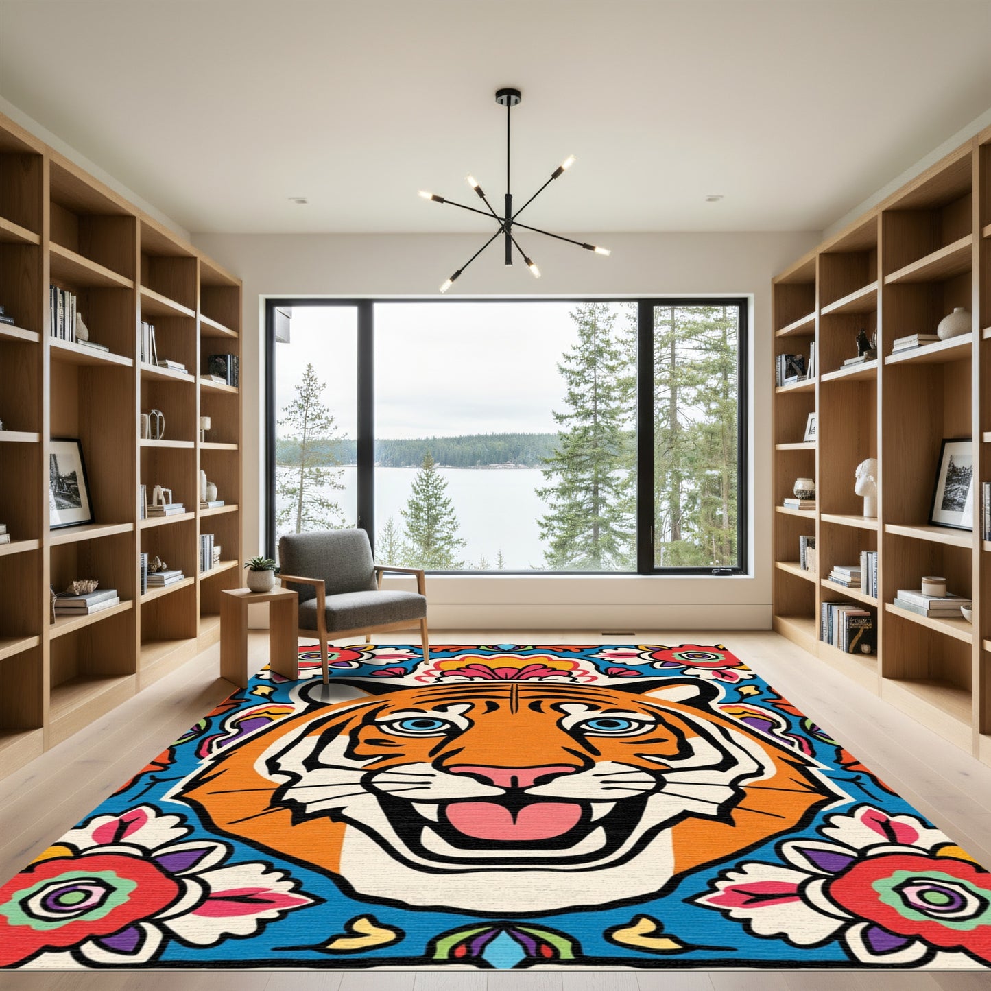 Vibrant Orange Tiger Floral Arrangement Rug