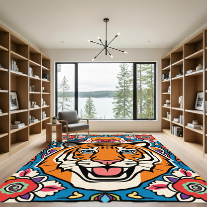 Vibrant Orange Tiger Floral Arrangement Rug