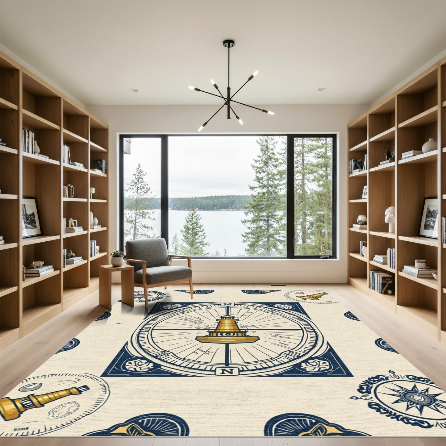 Nautical Gold Lighthouse Compass Rose Rug