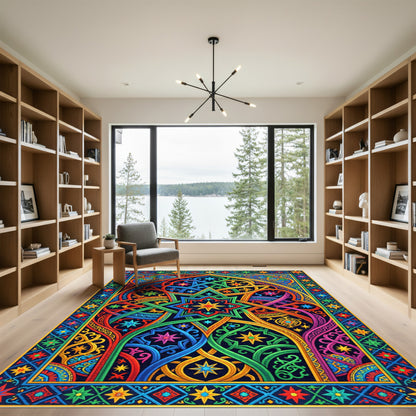 Vibrant Multicolored Geometric Celestial Starry Kaleidoscope Rug