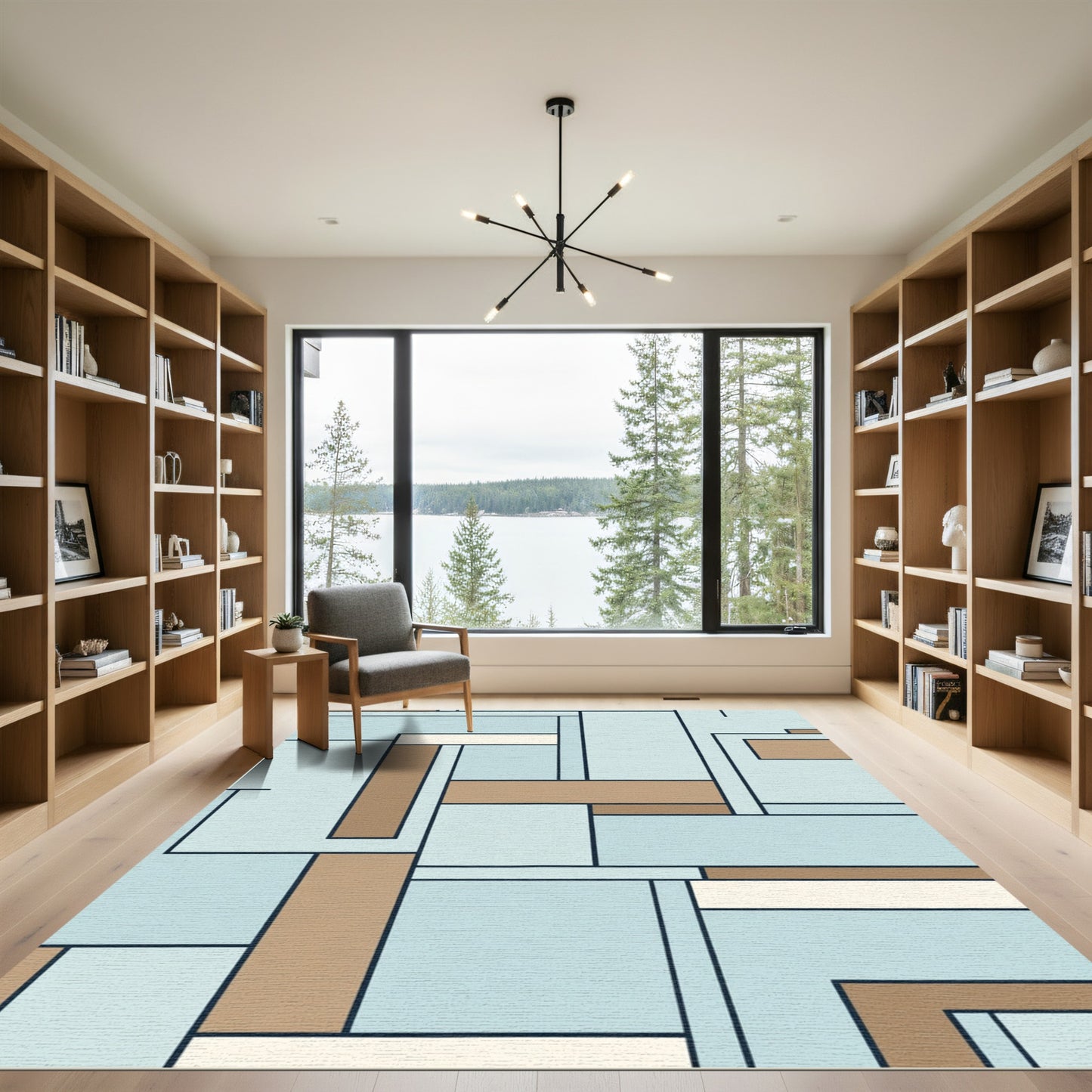 Abstract Blue Tan Geometric Rectangles Rug