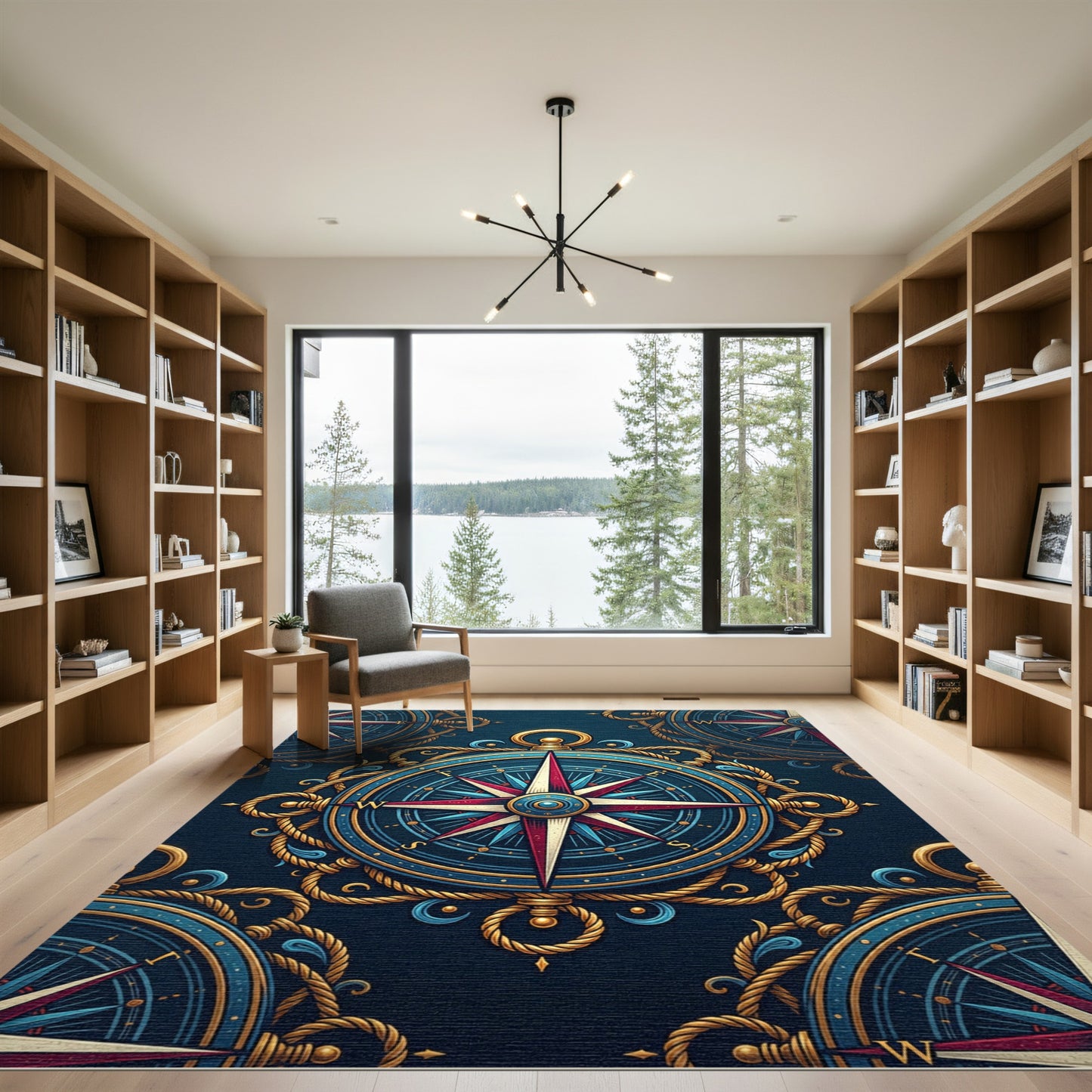 Nautical Navy Golden Compass Medallion Rug