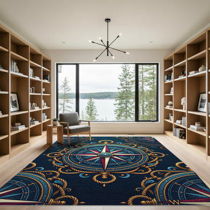 Nautical Navy Golden Compass Medallion Rug