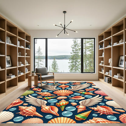 Winged Seashells on Dark Blue Ocean Rug