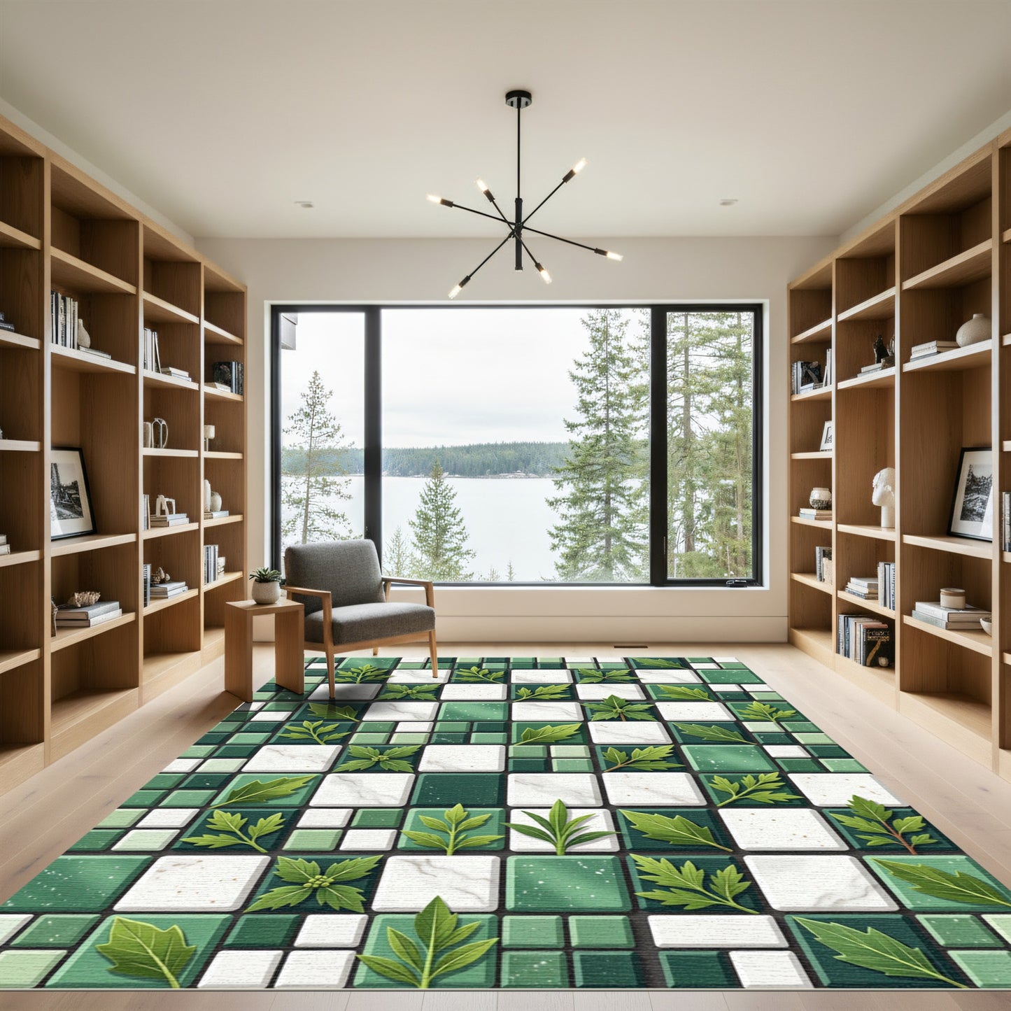 Emerald Leaf Mosaic Square Rug