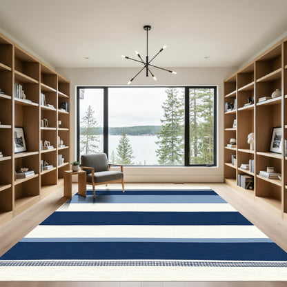 Nautical Navy Blue Cream Striped Rug