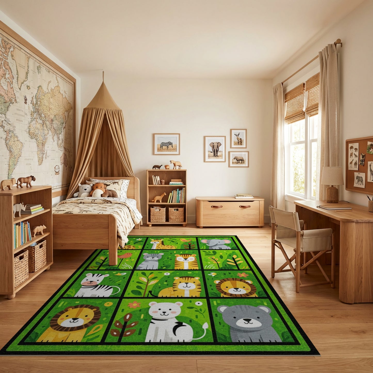 Playful Green Cartoon Jungle Animals Rug