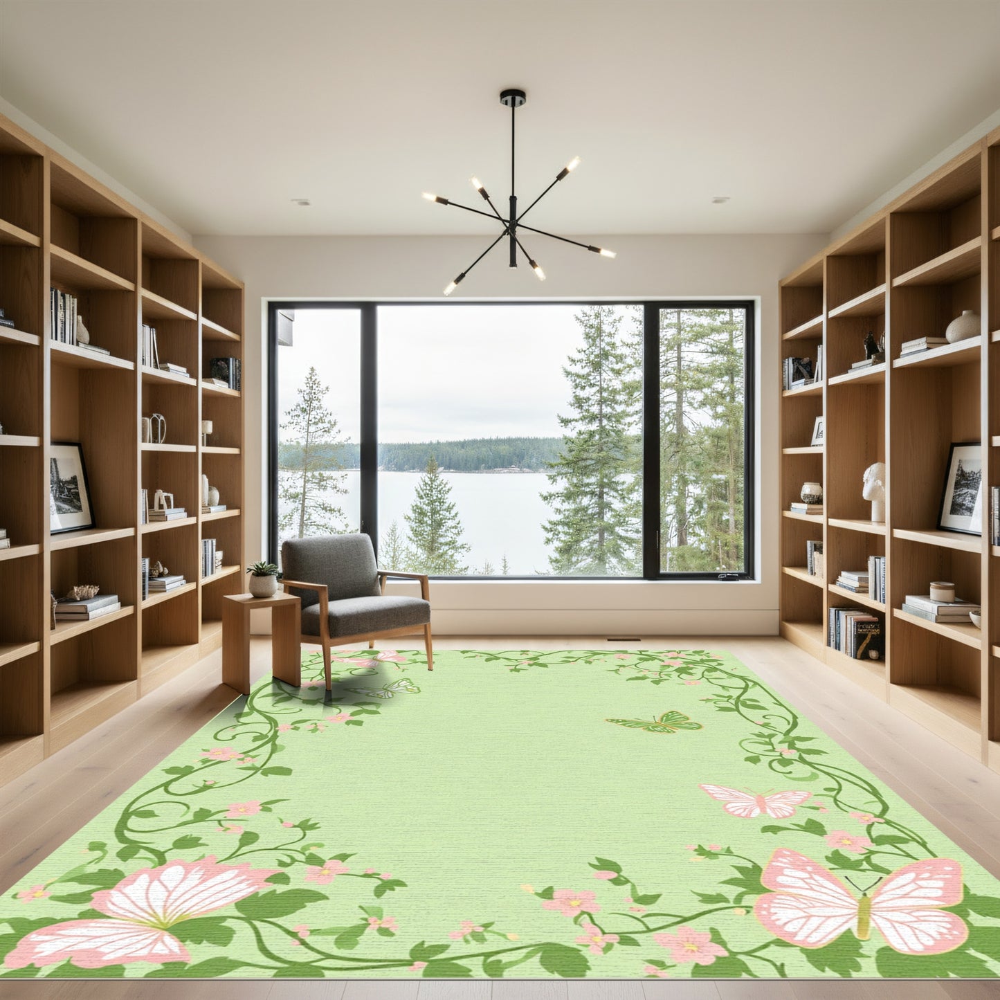 Pink Green Butterflies Delicate Floral Vines Rug
