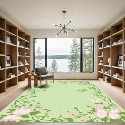 Pink Green Butterflies Delicate Floral Vines Rug